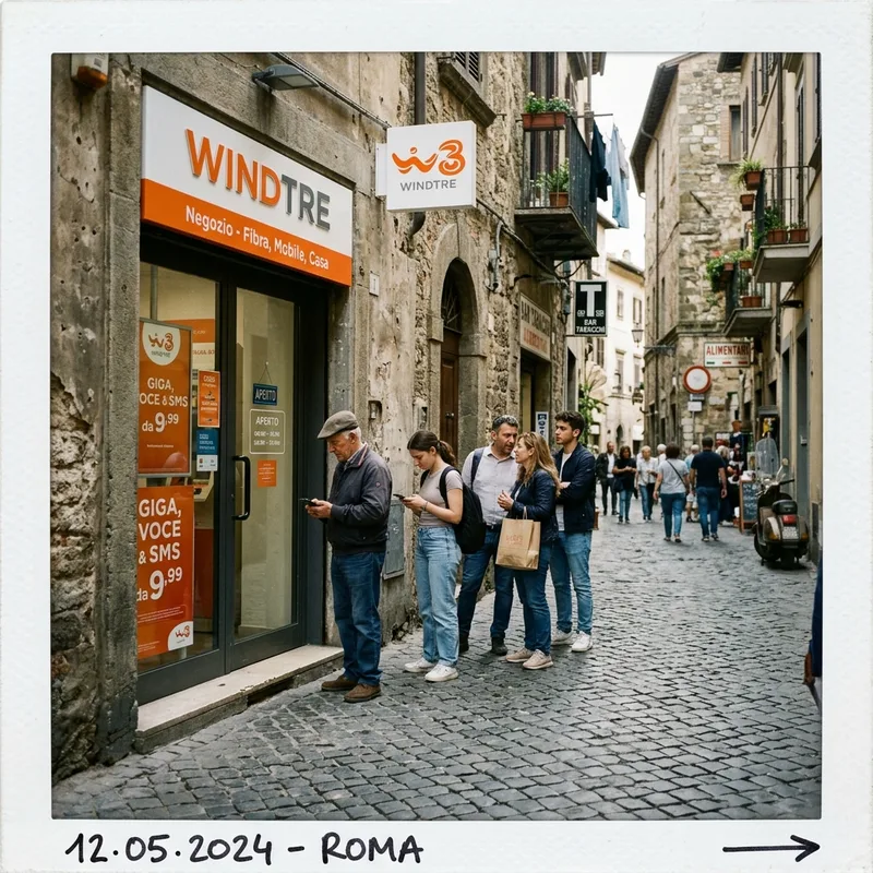 Shopfront of an Italian mobile operator store on a narrow street with a queue outside