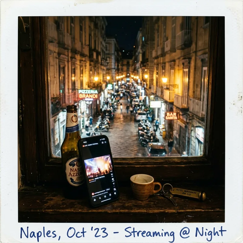 Traveler streaming a film on a phone propped up on a hotel windowsill overlooking Naples