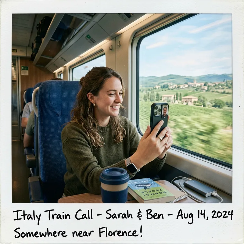 Traveler on a video call from a fast train window seat with the Italian countryside blurring past